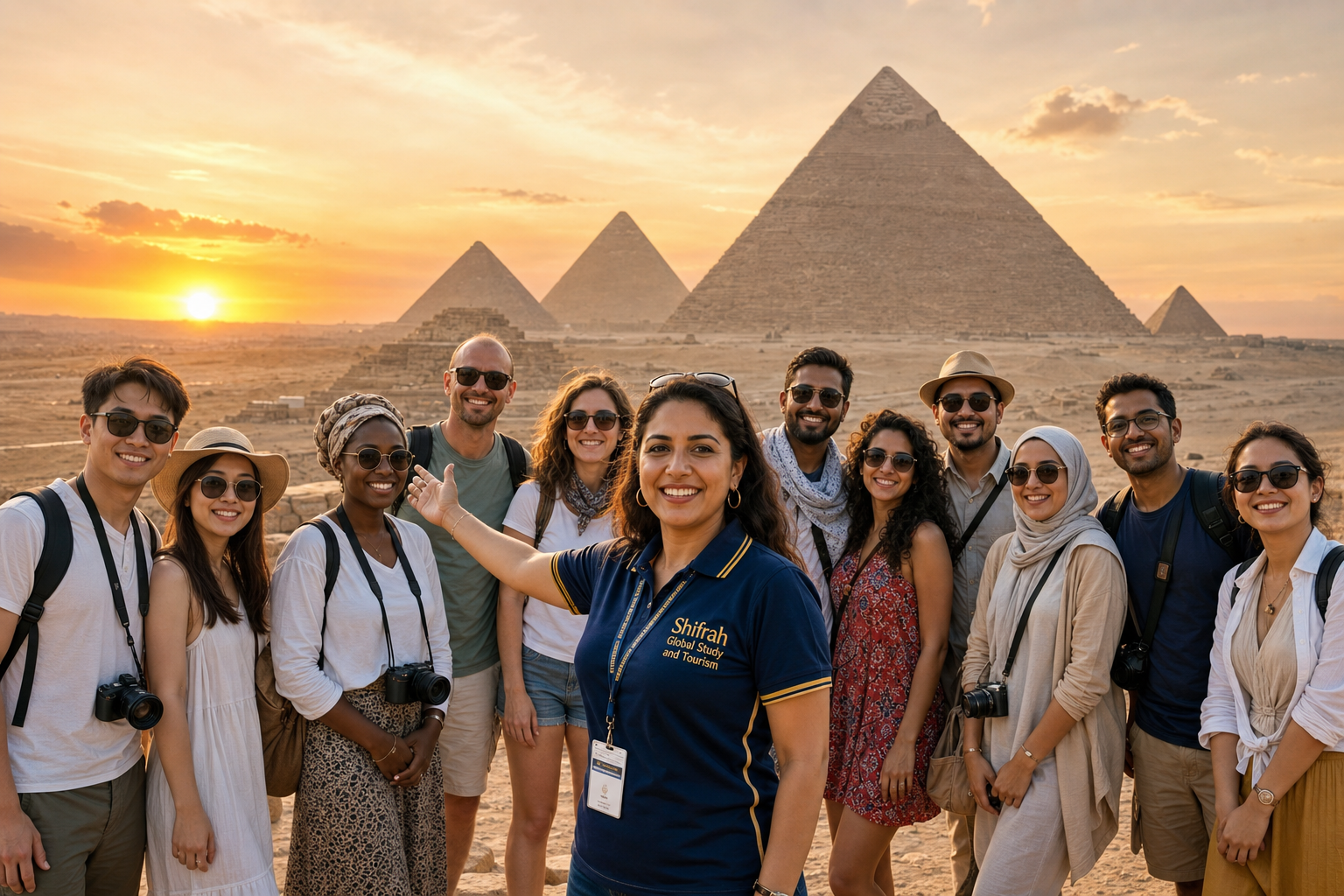 Eleven travelers of different nationalities on a tourism trip in Egypt with a female Shifrah Global Study and Tourism guide at the pyramids