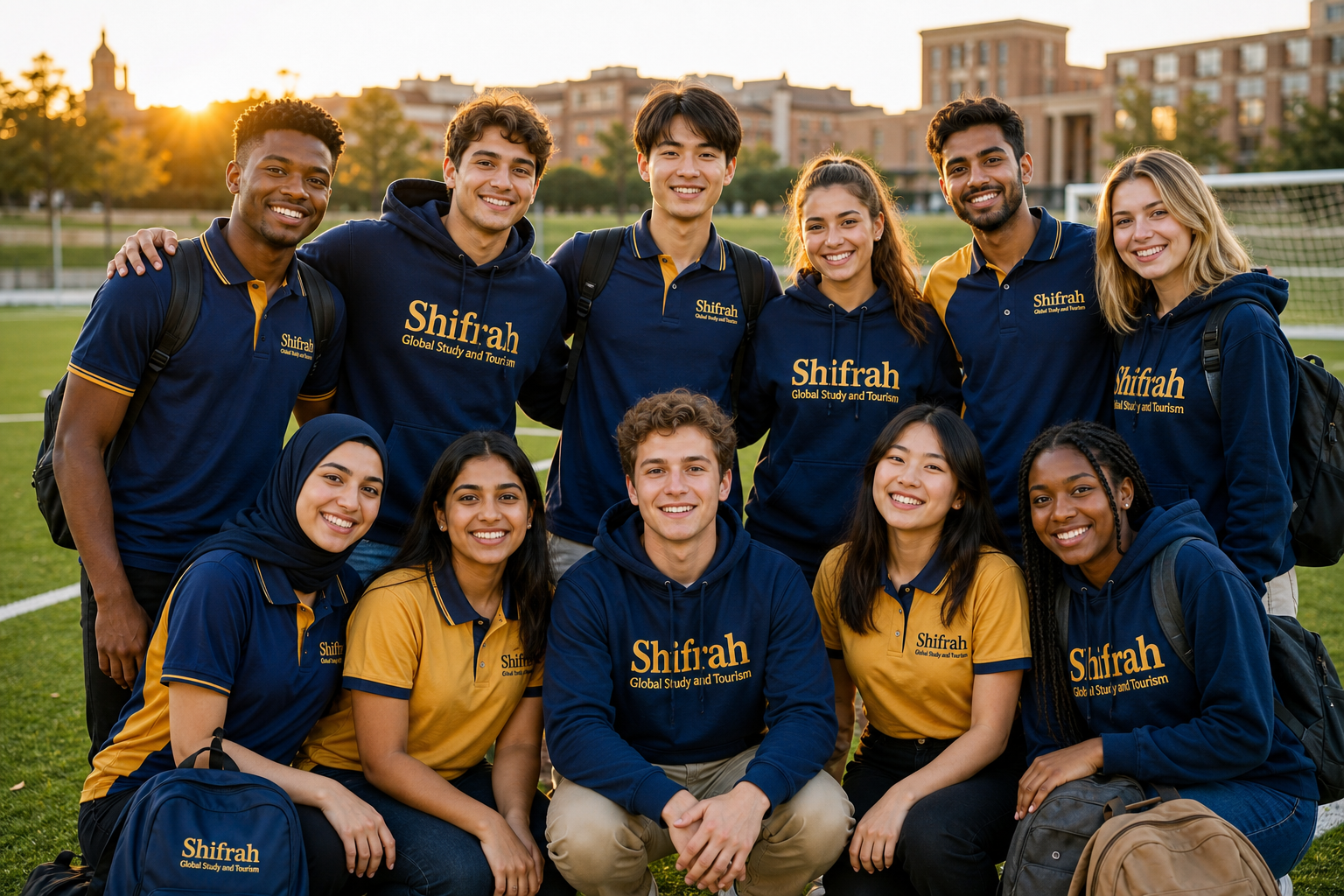 Ten diverse students on a football pitch wearing Shifrah Global Study and Tourism branded apparel